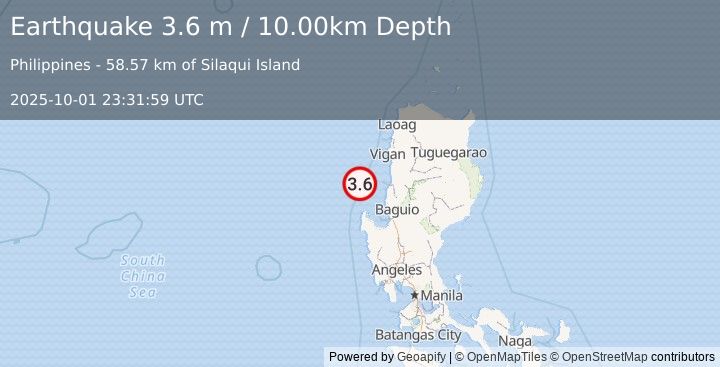 Earthquake LUZON, PHILIPPINES (3.6 m) (2025-10-01 23:31:59 UTC)