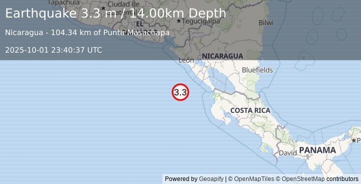 Earthquake NEAR COAST OF NICARAGUA (3.3 m) (2025-10-01 23:40:37 UTC)