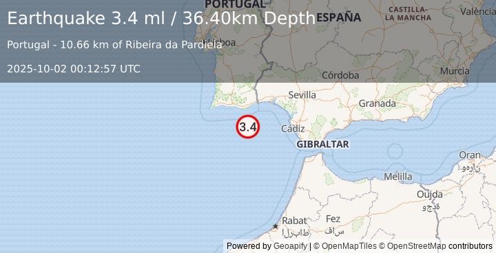 Earthquake STRAIT OF GIBRALTAR (3.4 ml) (2025-10-02 00:12:57 UTC)
