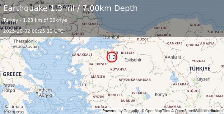 Earthquake WESTERN TURKEY (1.3 ml) (2025-10-02 00:25:12 UTC)