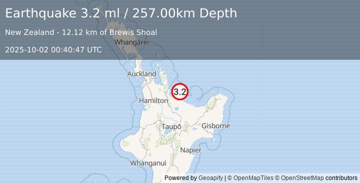 Earthquake NORTH ISLAND OF NEW ZEALAND (3.2 ml) (2025-10-02 00:40:47 UTC)