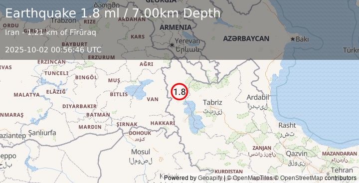 Earthquake TURKEY-IRAN BORDER REGION (1.8 ml) (2025-10-02 00:56:46 UTC)