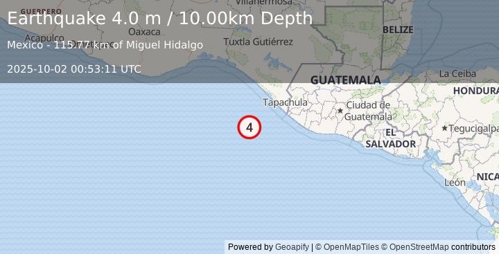 Earthquake OFF COAST OF CHIAPAS, MEXICO (4.0 m) (2025-10-02 00:53:11 UTC)