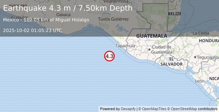 Earthquake OFF COAST OF CHIAPAS, MEXICO (4.3 m) (2025-10-02 01:05:23 UTC)