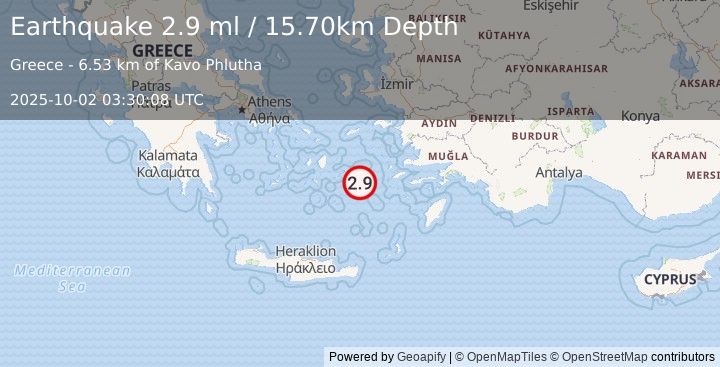 Earthquake DODECANESE ISLANDS, GREECE (2.0 ml) (2025-10-02 03:30:08 UTC)