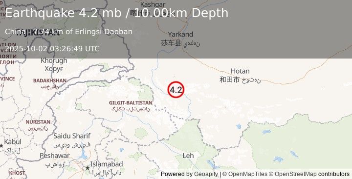 Earthquake SOUTHERN XINJIANG, CHINA (4.2 mb) (2025-10-02 03:26:49 UTC)