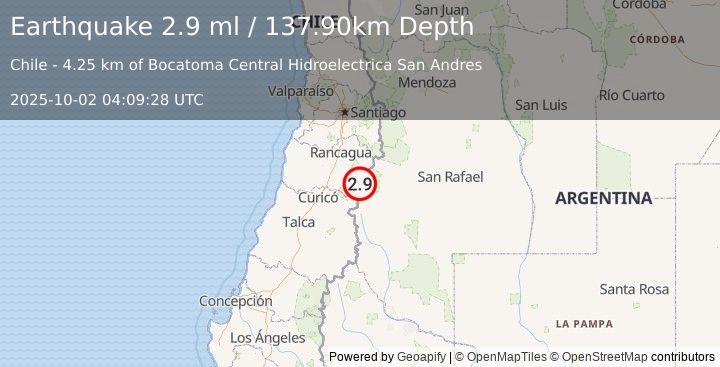 Earthquake LIBERTADOR O'HIGGINS, CHILE (2.9 ml) (2025-10-02 04:09:28 UTC)