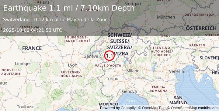 Earthquake SWITZERLAND (1.1 ml) (2025-10-02 04:21:53 UTC)