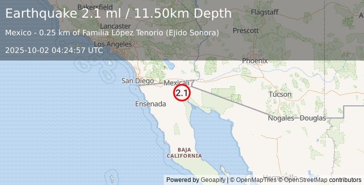 Earthquake BAJA CALIFORNIA, MEXICO (2.1 ml) (2025-10-02 04:24:57 UTC)