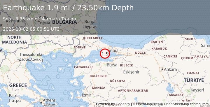 Earthquake WESTERN TURKEY (1.9 ml) (2025-10-02 05:00:50 UTC)