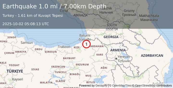 Earthquake EASTERN TURKEY (1.0 ml) (2025-10-02 05:08:13 UTC)