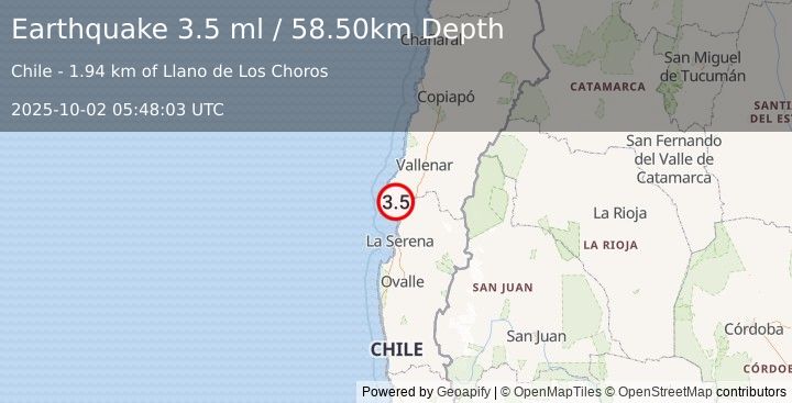 Earthquake COQUIMBO, CHILE (3.5 ml) (2025-10-02 05:48:03 UTC)