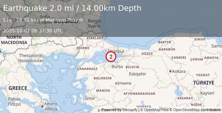 Earthquake WESTERN TURKEY (2.0 ml) (2025-10-02 06:37:30 UTC)