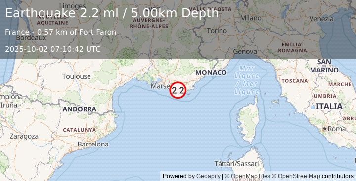 Earthquake NEAR SOUTH COAST OF FRANCE (2.2 ml) (2025-10-02 07:10:42 UTC)