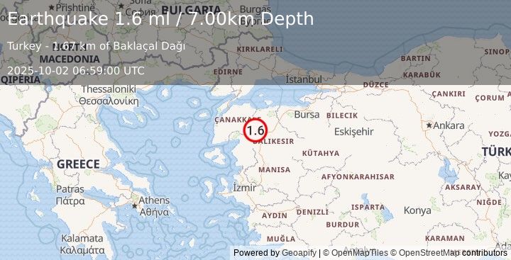 Earthquake WESTERN TURKEY (1.6 ml) (2025-10-02 06:59:00 UTC)