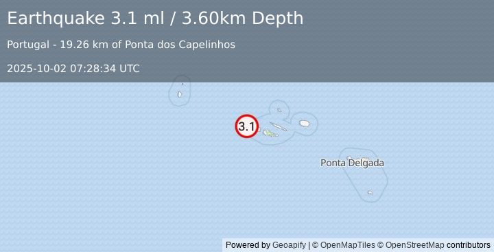 Earthquake AZORES ISLANDS, PORTUGAL (3.1 ml) (2025-10-02 07:28:34 UTC)