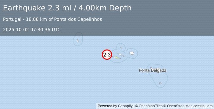 Earthquake AZORES ISLANDS, PORTUGAL (2.3 ml) (2025-10-02 07:30:36 UTC)