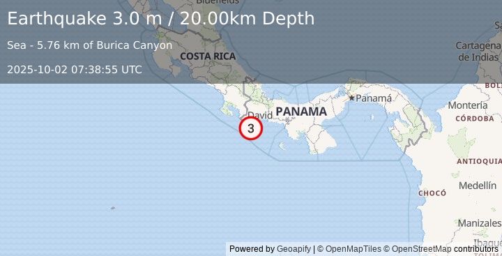 Earthquake PANAMA-COSTA RICA BORDER REGION (3.0 m) (2025-10-02 07:38:55 UTC)
