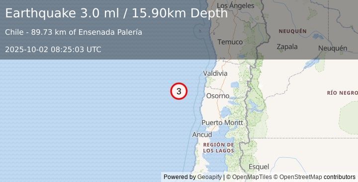 Earthquake OFFSHORE LOS LAGOS, CHILE (3.0 ml) (2025-10-02 08:25:03 UTC)