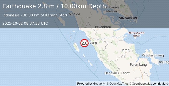 Earthquake SOUTHERN SUMATRA, INDONESIA (2.8 m) (2025-10-02 08:37:38 UTC)
