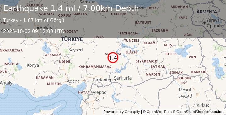 Earthquake EASTERN TURKEY (1.4 ml) (2025-10-02 09:12:00 UTC)