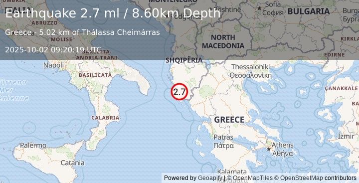Earthquake KERKIRA REGION, GREECE (2.6 ml) (2025-10-02 09:20:18 UTC)