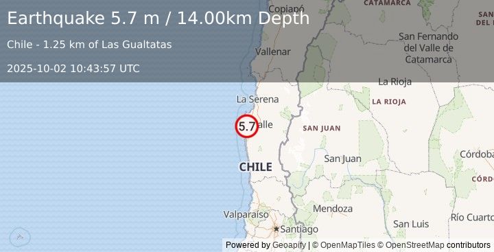 Earthquake OFFSHORE COQUIMBO, CHILE (5.4 mw) (2025-10-02 10:43:55 UTC)