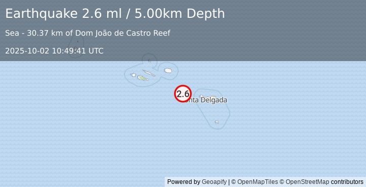 Earthquake AZORES ISLANDS, PORTUGAL (2.6 ml) (2025-10-02 10:49:41 UTC)