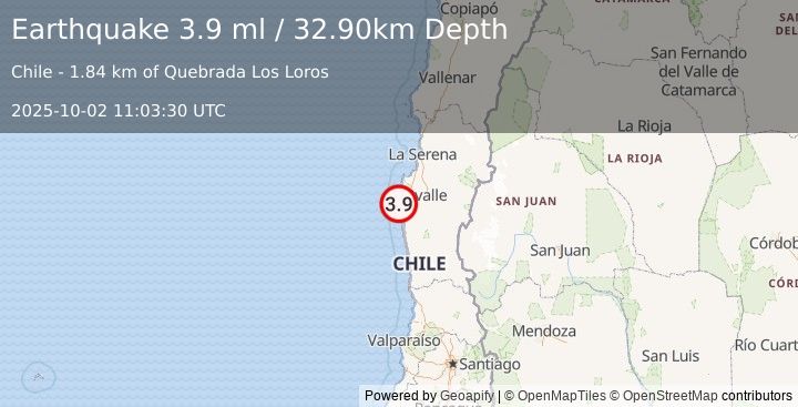 Earthquake OFFSHORE COQUIMBO, CHILE (3.9 ml) (2025-10-02 11:03:30 UTC)