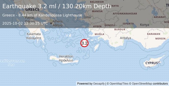 Earthquake DODECANESE ISLANDS, GREECE (3.2 ml) (2025-10-02 12:30:25 UTC)