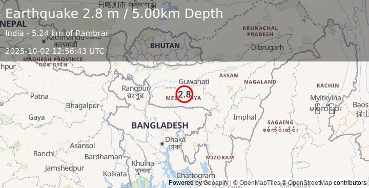 Earthquake MEGHALAYA, INDIA REGION (2.8 m) (2025-10-02 12:56:43 UTC)