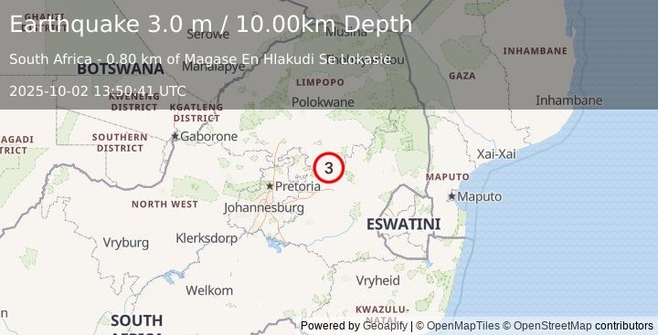 Earthquake SOUTH AFRICA (3.0 m) (2025-10-02 13:50:41 UTC)