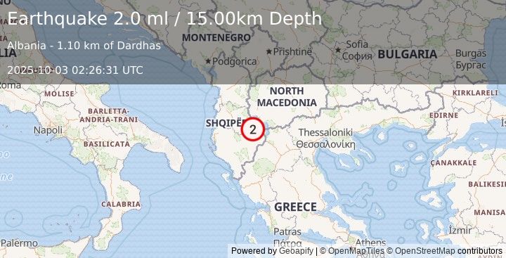 Earthquake ALBANIA (2.0 ml) (2025-10-03 02:26:31 UTC)