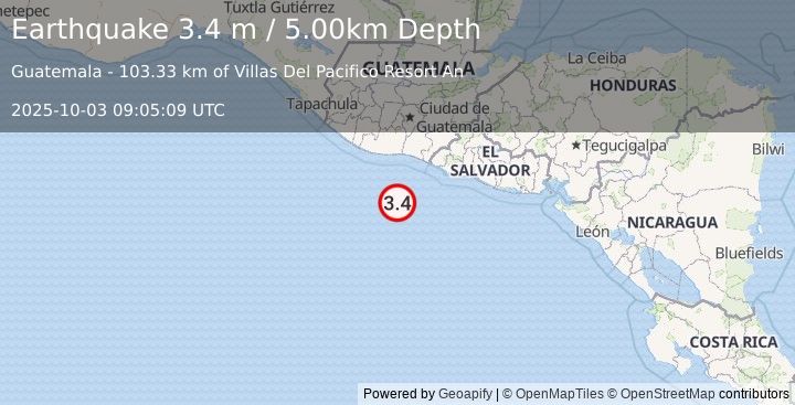 Earthquake OFF THE COAST OF GUATEMALA (3.4 m) (2025-10-03 09:05:09 UTC)