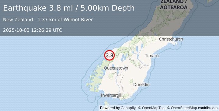 Earthquake SOUTH ISLAND OF NEW ZEALAND (3.8 ml) (2025-10-03 12:26:29 UTC)