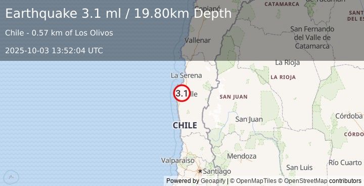 Earthquake COQUIMBO, CHILE (3.1 ml) (2025-10-03 13:52:04 UTC)