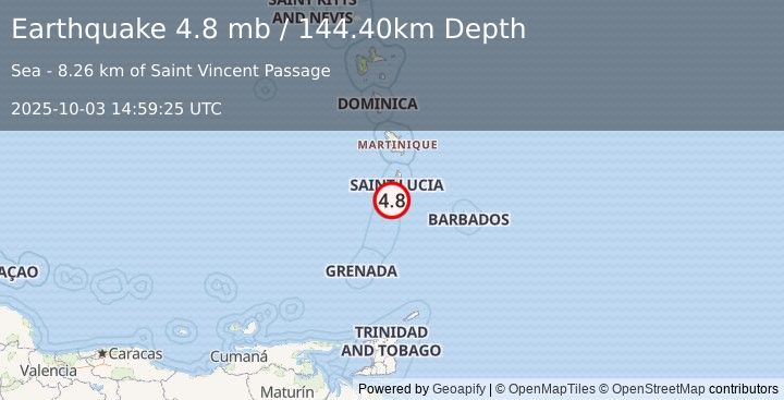 Earthquake ST. VINCENT REGION, WINDWARD IS. (4.8 mb) (2025-10-03 14:59:25 UTC)