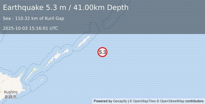Earthquake KURIL ISLANDS (5.1 mb) (2025-10-03 15:16:02 UTC)