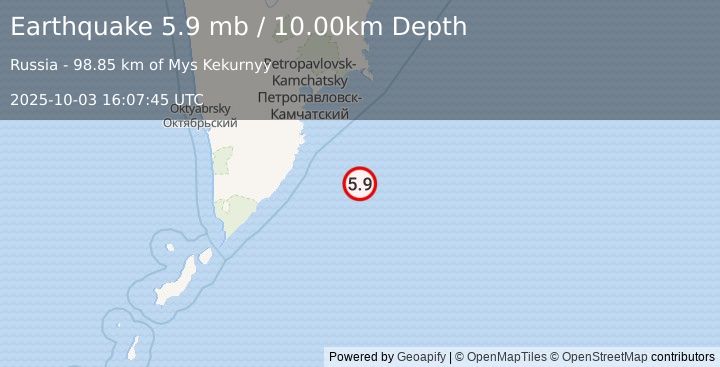 Earthquake OFF EAST COAST OF KAMCHATKA (6.1 mw) (2025-10-03 16:07:44 UTC)