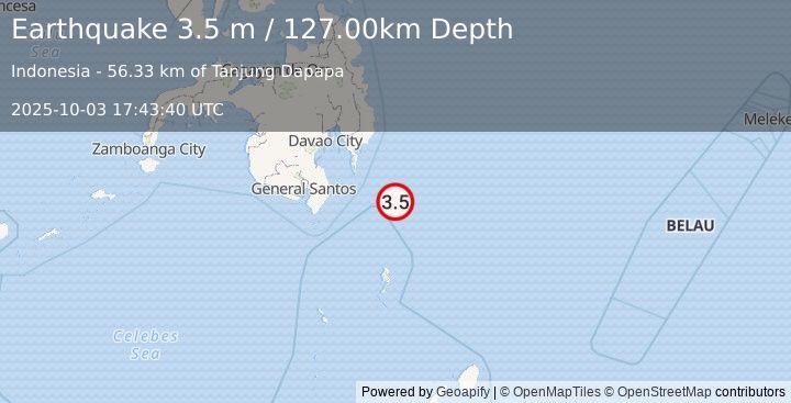 Earthquake PHILIPPINE ISLANDS REGION (3.5 m) (2025-10-03 17:43:40 UTC)