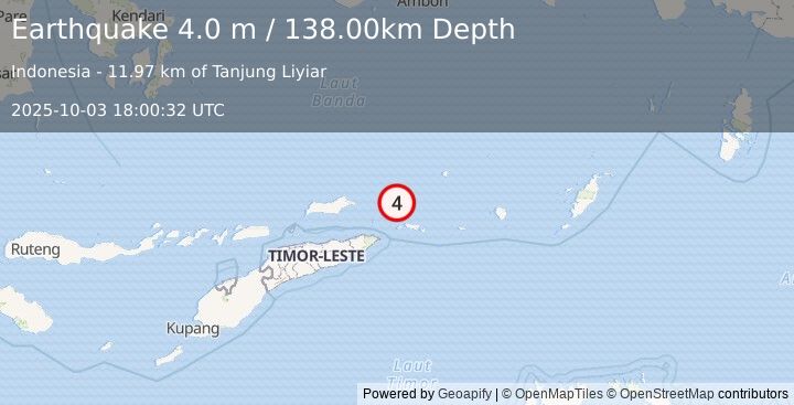 Earthquake KEPULAUAN BARAT DAYA, INDONESIA (4.0 m) (2025-10-03 18:00:32 UTC)