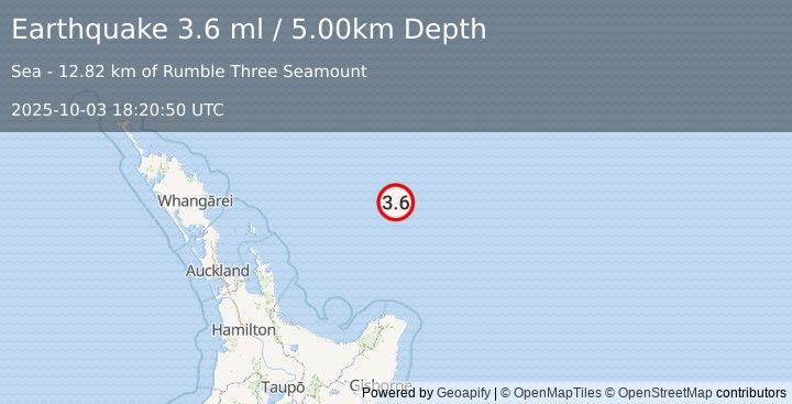 Earthquake OFF E. COAST OF N. ISLAND, N.Z. (3.6 ml) (2025-10-03 18:20:50 UTC)