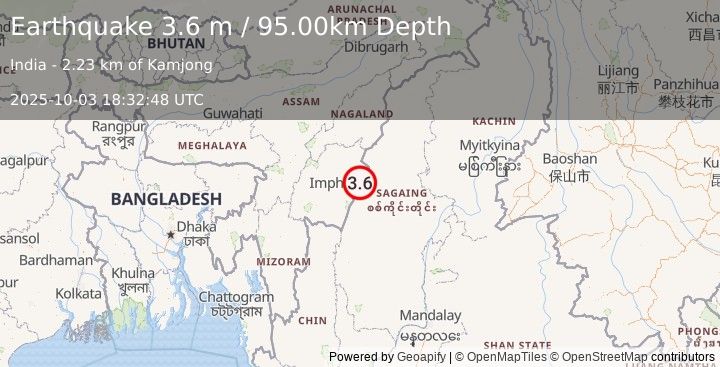 Earthquake MYANMAR-INDIA BORDER REGION (3.6 m) (2025-10-03 18:32:48 UTC)