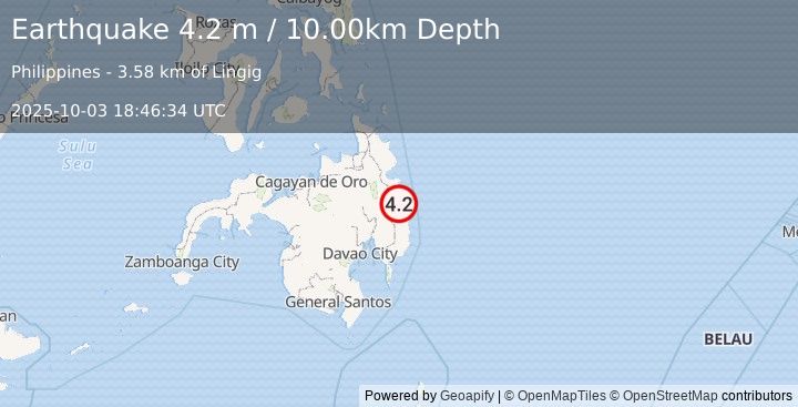 Earthquake MINDANAO, PHILIPPINES (4.2 m) (2025-10-03 18:46:34 UTC)