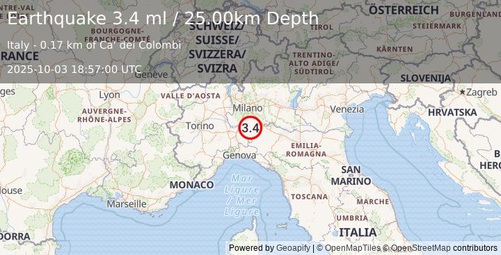 Earthquake NORTHERN ITALY (3.3 ml) (2025-10-03 18:57:00 UTC)