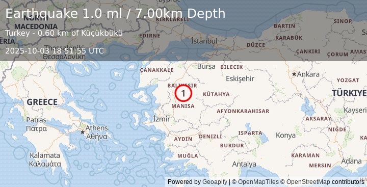 Earthquake WESTERN TURKEY (1.0 ml) (2025-10-03 18:51:54 UTC)
