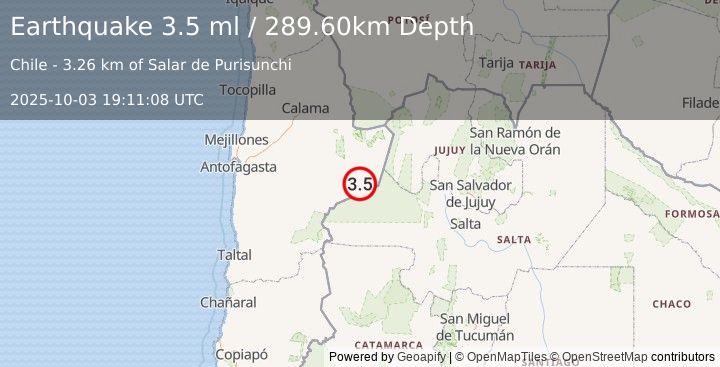 Earthquake ANTOFAGASTA, CHILE (3.5 ml) (2025-10-03 19:11:08 UTC)
