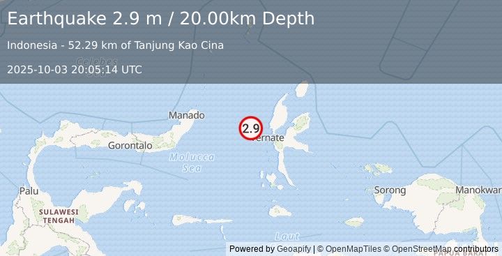 Earthquake MOLUCCA SEA (2.9 m) (2025-10-03 20:05:14 UTC)