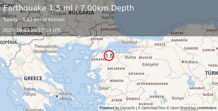 Earthquake WESTERN TURKEY (1.5 ml) (2025-10-03 20:17:13 UTC)