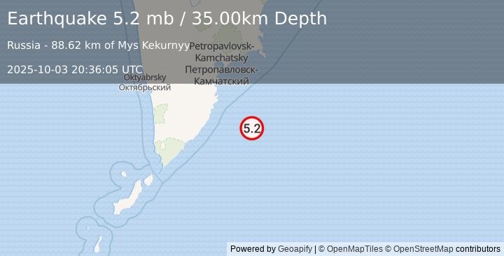 Earthquake OFF EAST COAST OF KAMCHATKA (5.3 mb) (2025-10-03 20:36:02 UTC)